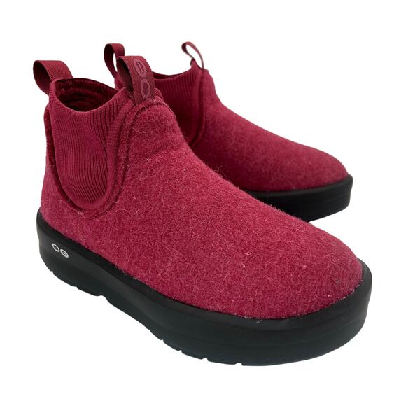 Oofos Oomega Londoner Boot Rosebud Red Insulated Wool Bootie Women 7 - Picture 1 of 8